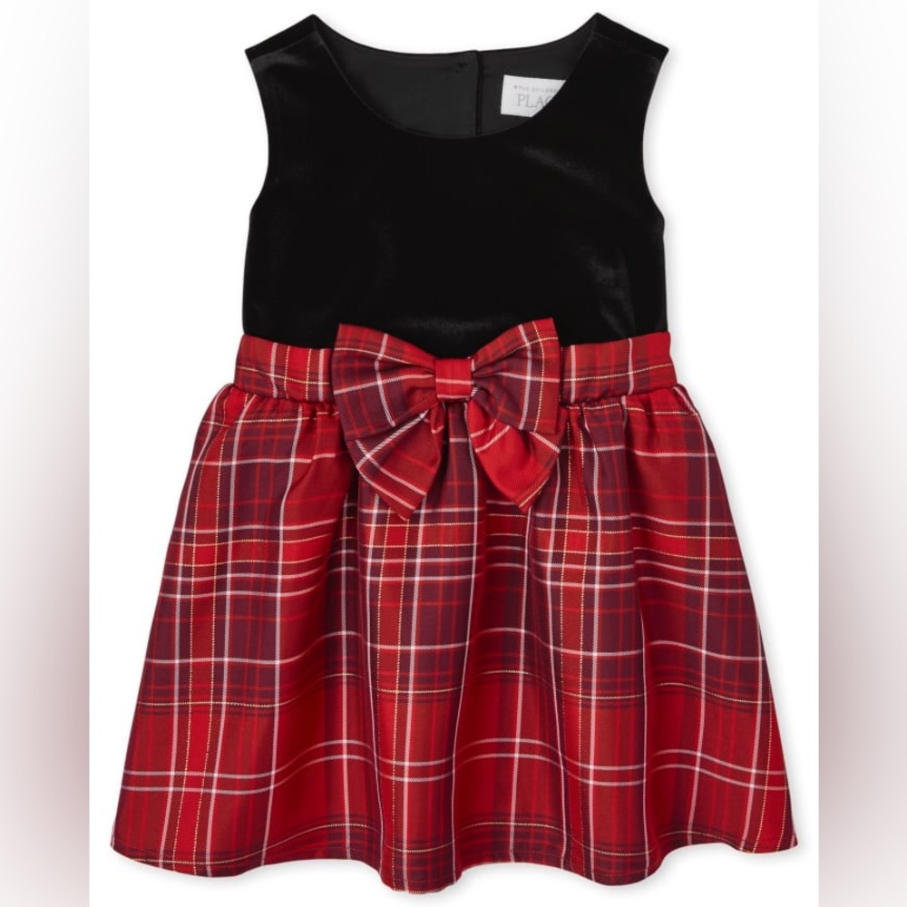Place Girls Plaid Velour Knit To Woven Dress